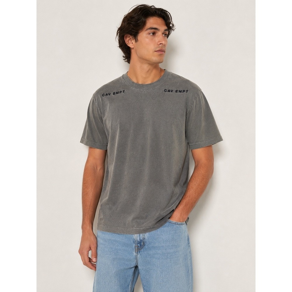 Cav Empt Mens Grey Embroidered Shoulder Logo T-Shirt Size M Charcoal Wash